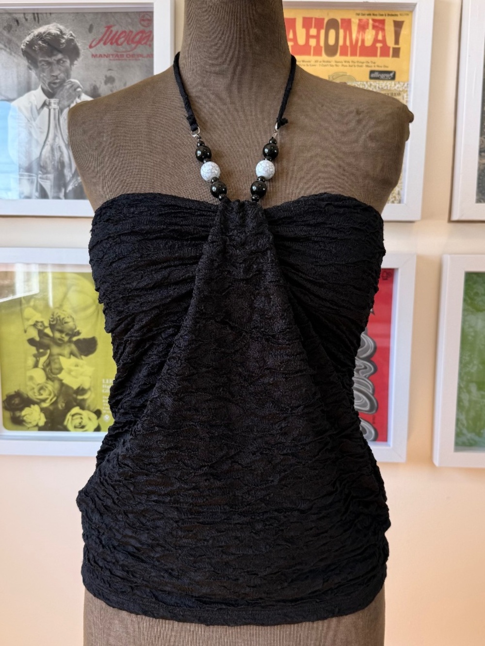 BLACK RUCHED HALTER TOP WITH BEADED NECK DETAIL – Y2K GOING OUT STATEMENT